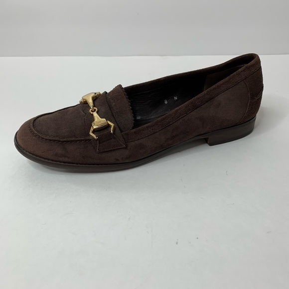 Talbots Women’s Brown Suede Flat Loafers With Gold Horse Bit Buckle Size 8 N - Picture 4 of 9